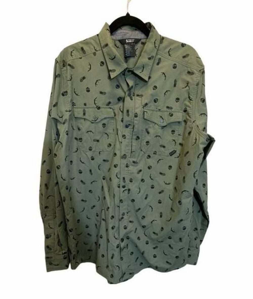 5.11 Tactical Green Long Sleeve Button-Down Tactical Shirt with Skull Print